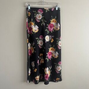 Francesca's Mildred Floral Satin Midi Skirt Sz M Black Rose Print Dark Academia